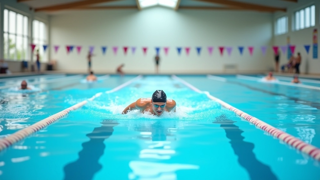 Open swim session with multiple swimmers in lap lanes at public pool