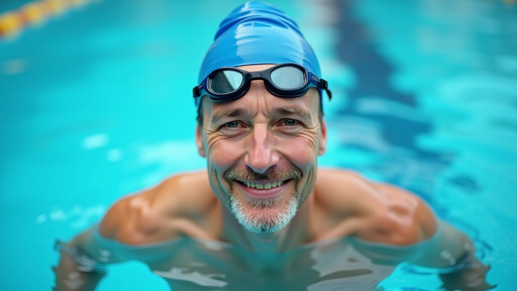 Male master swimmer in racing goggles and cap, portrait shot in pool
