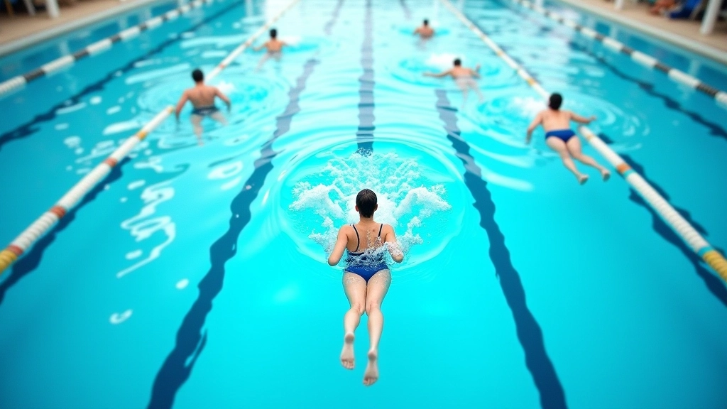 Overhead view of lap swimming pool with multiple swimmers in different lanes during organized swim session