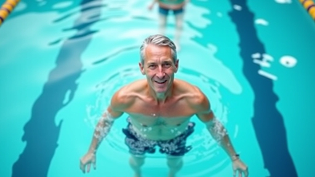 Overhead view of mature adult in lap lane during swim session, multiple swimmers visible in background lanes
